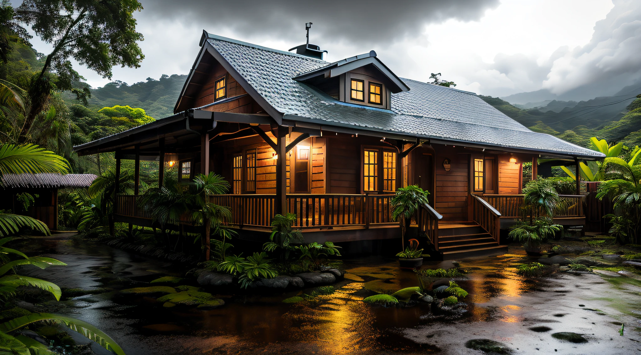 Vintage wooden house, lush small house, beautiful house, night, lights on, Costa Rica green rainforest, Heavy rain falling on the roof, Emphasizing the contrast between the natural environment and the rainwater flowing from the roof, dark scene after the rain, landscape wet, dark clouds, nature photography, Portrait with macro lens (Nikon AF -S VR Mini Nikkor 105mm f/ 2.8G IF) When aperture is f/5.6