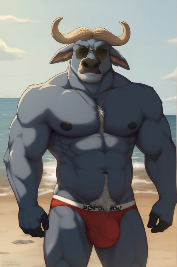 (by spiritd, by honovy, by zenthetiger, by zaush), chief bogo, male, cape buffalo, solo, questionable, partially clothed, standing, horn, muscular, seaside, beach, underwear, happy trail, aviator sunglasses, big crotch bulge