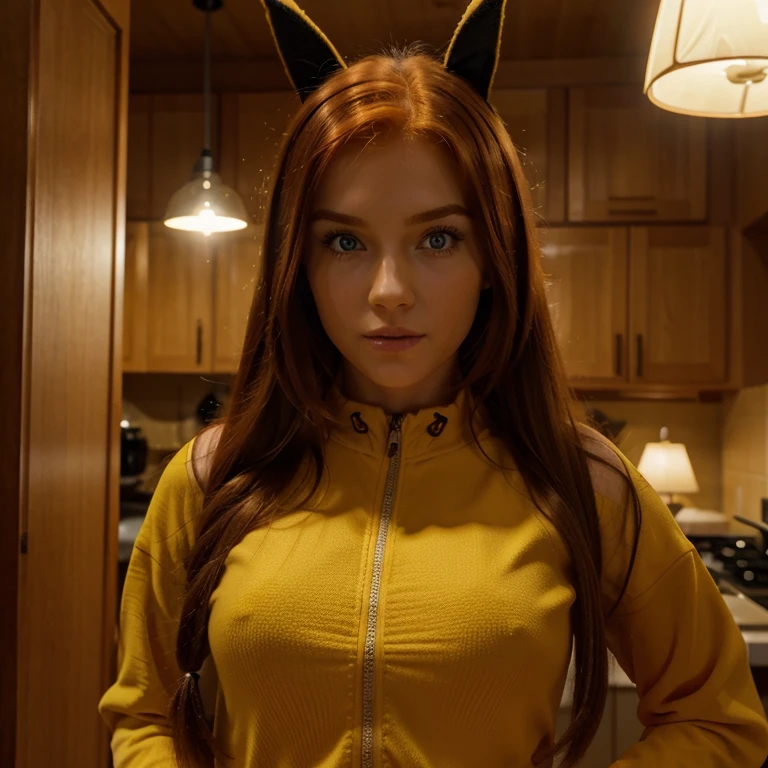 A Caucasian red hair mid 20s girl, fit, staring at the viewer, fit realistic at home somewhere in Eastern Europe, glowing hazel greenish eyes, intense, wearing a Pikachu costume, solodramatic lightinasterpiece:1.2), best quality, high resolution,   beautiful detailed, extremely detailed, perfect lighting,