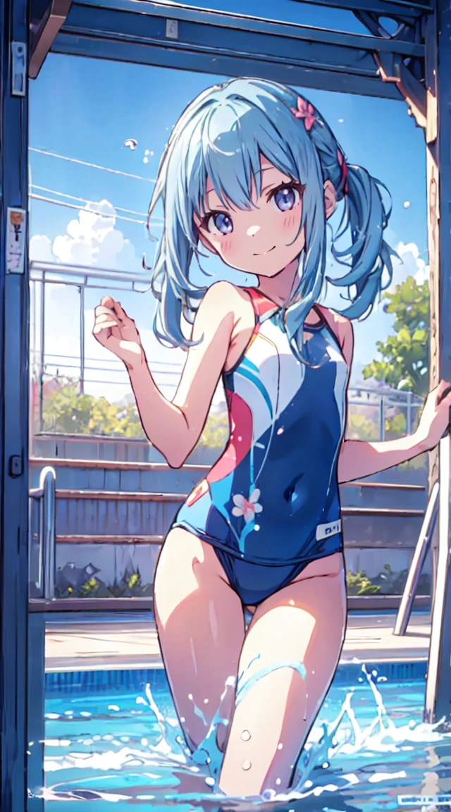 masutepiece, Best Quality,Illustration, Wallpaper, ultra -detail, 1little girl、♡、Futomo、Poses in motion、soft smiling、Summer scenery、bright and colorful swimwear、swimming pools