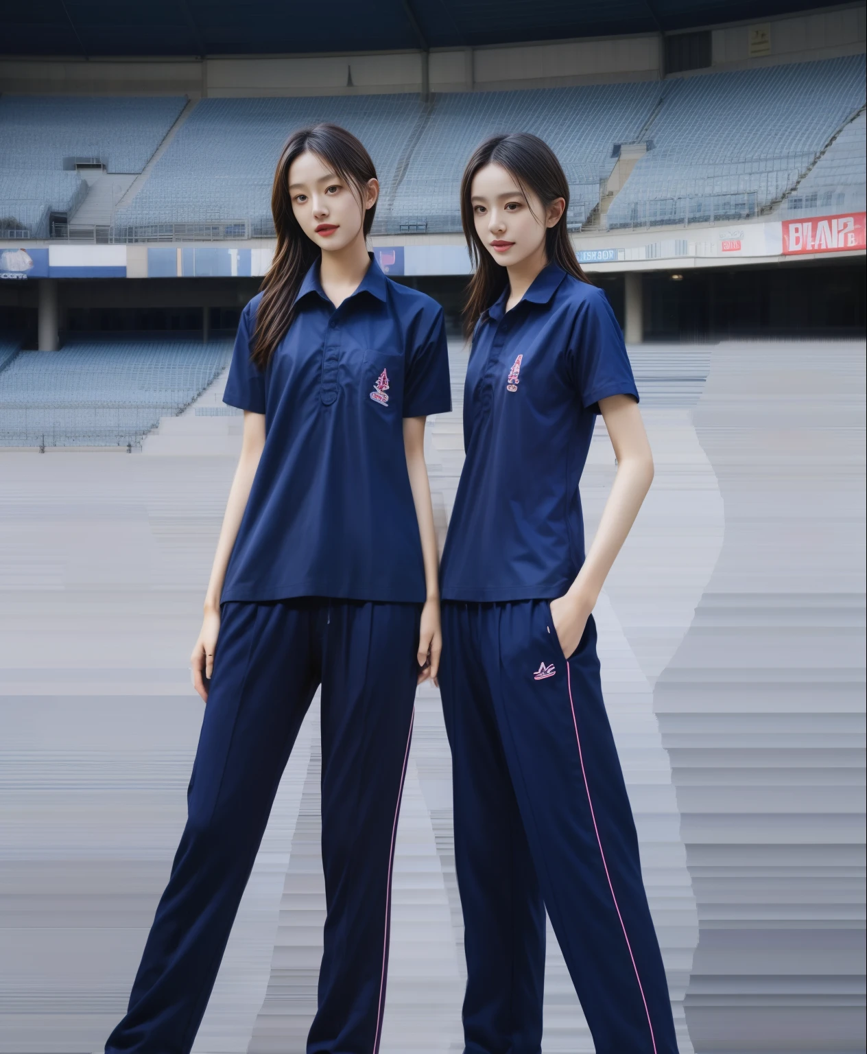 (bestquality,10,10,highres,masterpiece:1.2),ultra-detail,(Realistic,photorealistic portrait,photo-realistic:1.37),1 Cute girl in the football field,oily shiny skin,bara,light smile,BDclothelue shirt:1.3)),short sleeves,shirt, trousers.,(navy_long_Pants Track:1.1), ((Stadium Background:1.3)),dynamic angle,excited,face focus,Dynamic Poses,from behide,Ass Focus,masterpiece, bestquality, ultra realistic, hyper-detail, 8k resolution, RAW photo, crisp focus, ((Navy blue shirt:1.1)), short sleeves, Long Path, Perfect body, 2 mature women, 18yo, cinematic light,Blue sweatpants,Gymware,Correct anatomy,Complete body, Correct body, sharp face, Anatomically correct body, full entire body, Realistic gestures, long-haired, Realistic poses,Wear long shorts.................................,Long leg span,Shapely,Sculpting Girl, Slender Figure, mannequin mannequins, Shapely, Beautiful body,Blue sweatpants, Two girls kissing