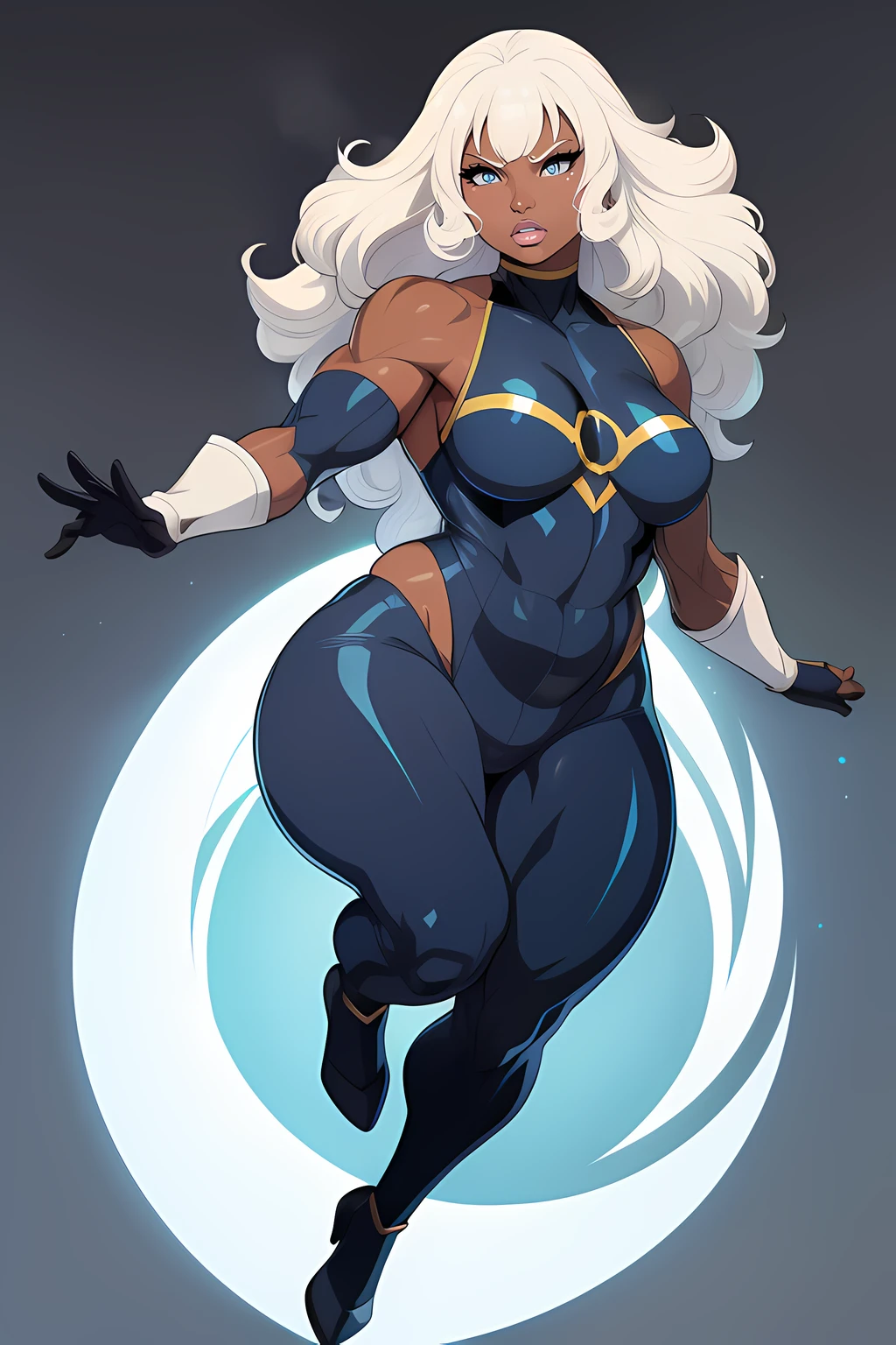 best quality, 1girl, mature woman, ((dark skin)), (small breasts), chubby, (muscular legs), long ((curly)) white hair with bangs, Ororo, exposed shoulders, floating in the air, huge lips, eyelashes, blue eyes, bodysuit, gloves, oily shiny skin, angry, grey background, full body