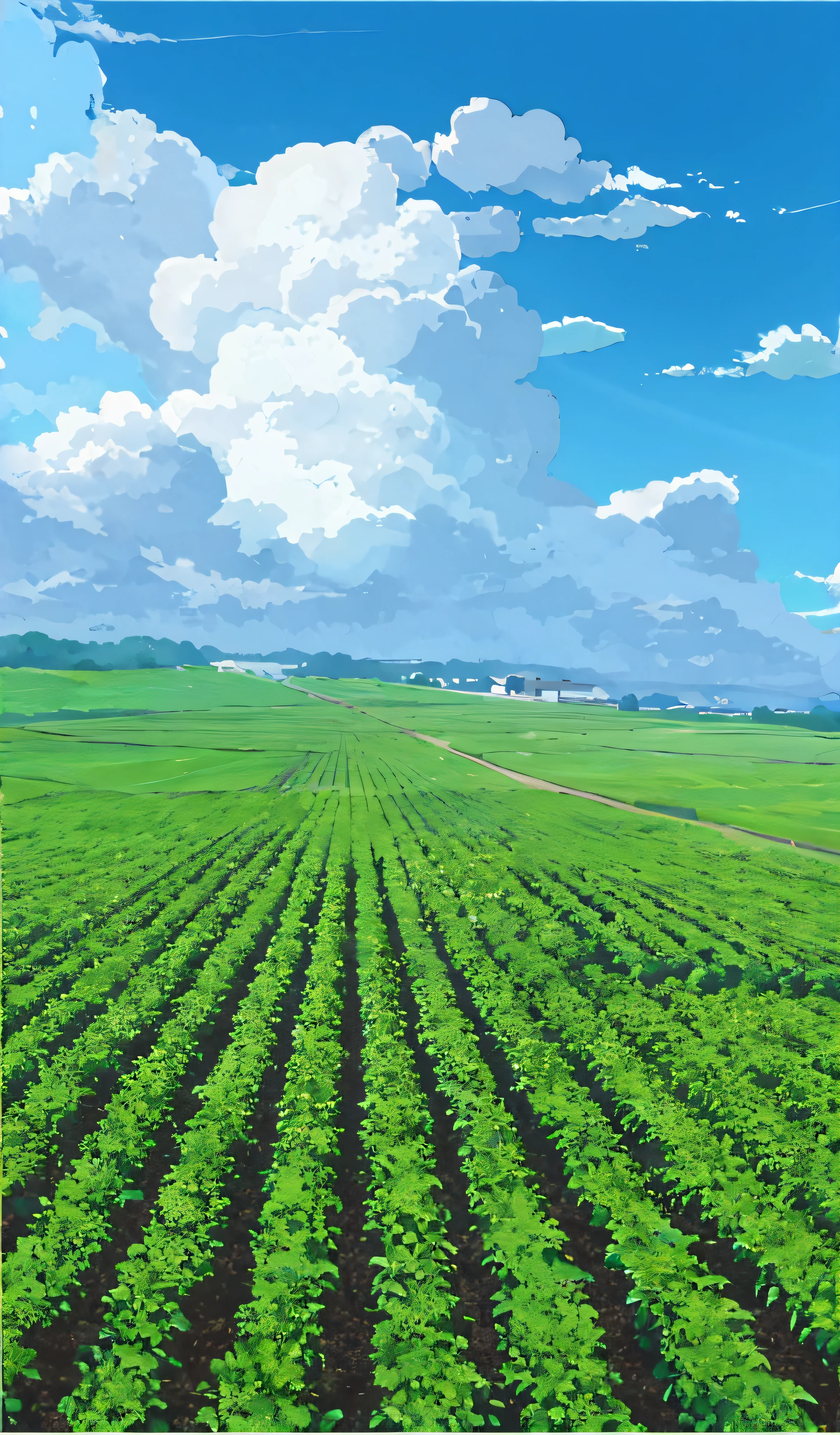 potato field，cropper，Distant blue sky and white clouds Makoto Shinkai animation style，vibrant with colors，Crops arranged neatly，