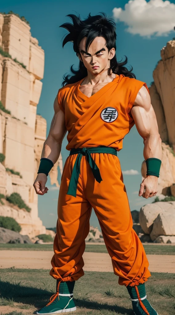 Materpiece,high quality,1 man,yamcha in dragon ball,long hair,black hair,green shirt,orange pants,looking viewer,sky background