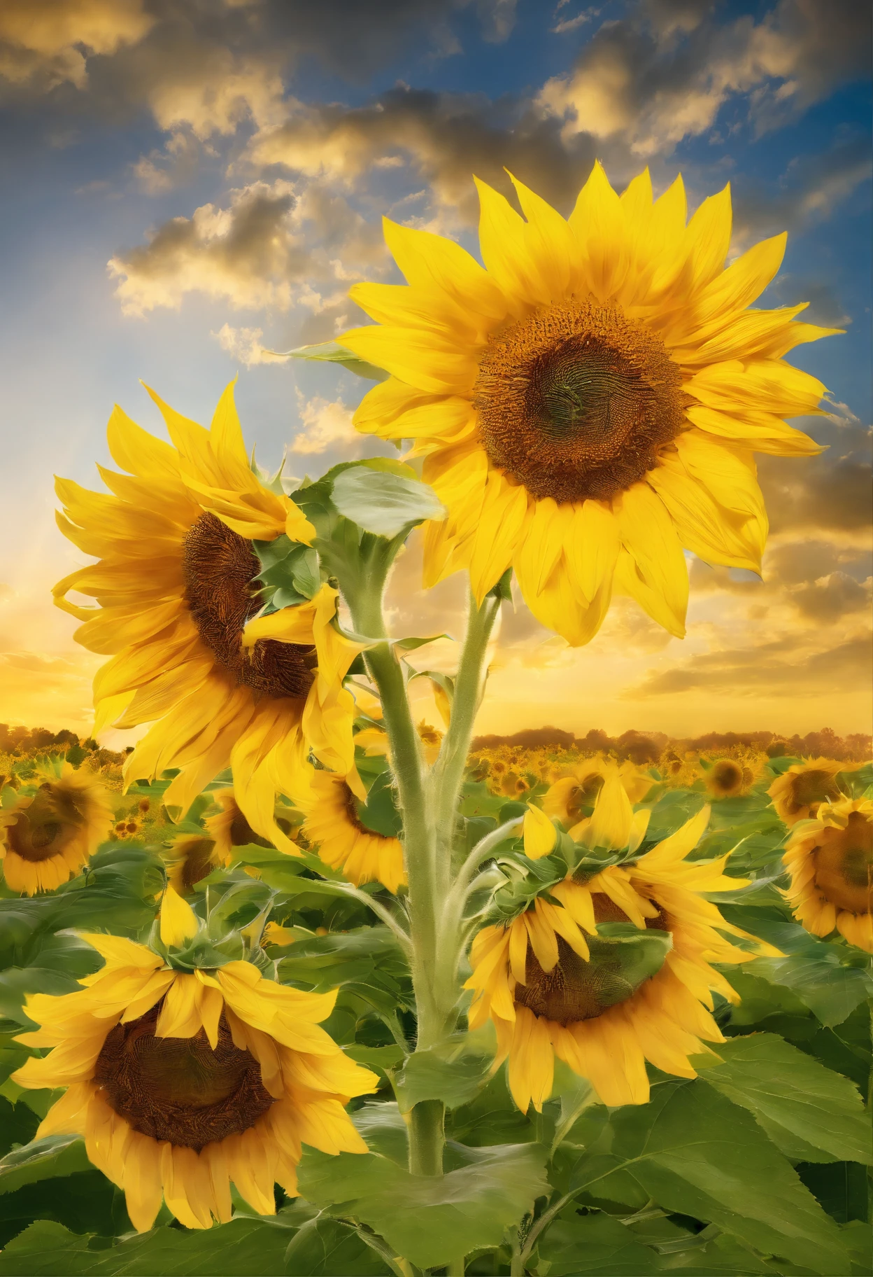 A field of vibrant sunflowers stretching as far as the eye can see, basking in the warm sunlight. Picture tall, sturdy stalks reaching towards the sky, adorned with large, golden-yellow petals that radiate a cheerful and inviting energy. Each sunflower’s face follows the path of the sun, as if in a graceful dance, capturing its radiant rays throughout the day. The bright yellow petals contrast beautifully with the deep green leaves, creating a striking visual display. Bees and butterflies flutter from flower to flower, drawn to the sweet nectar and adding a touch of lively movement to the scene. The gentle breeze carries the delicate scent of the sunflowers, filling the air with a subtle, pleasant fragrance. It’s a peaceful and enchanting sight, evoking feelings of warmth, happiness, and the beauty of nature.