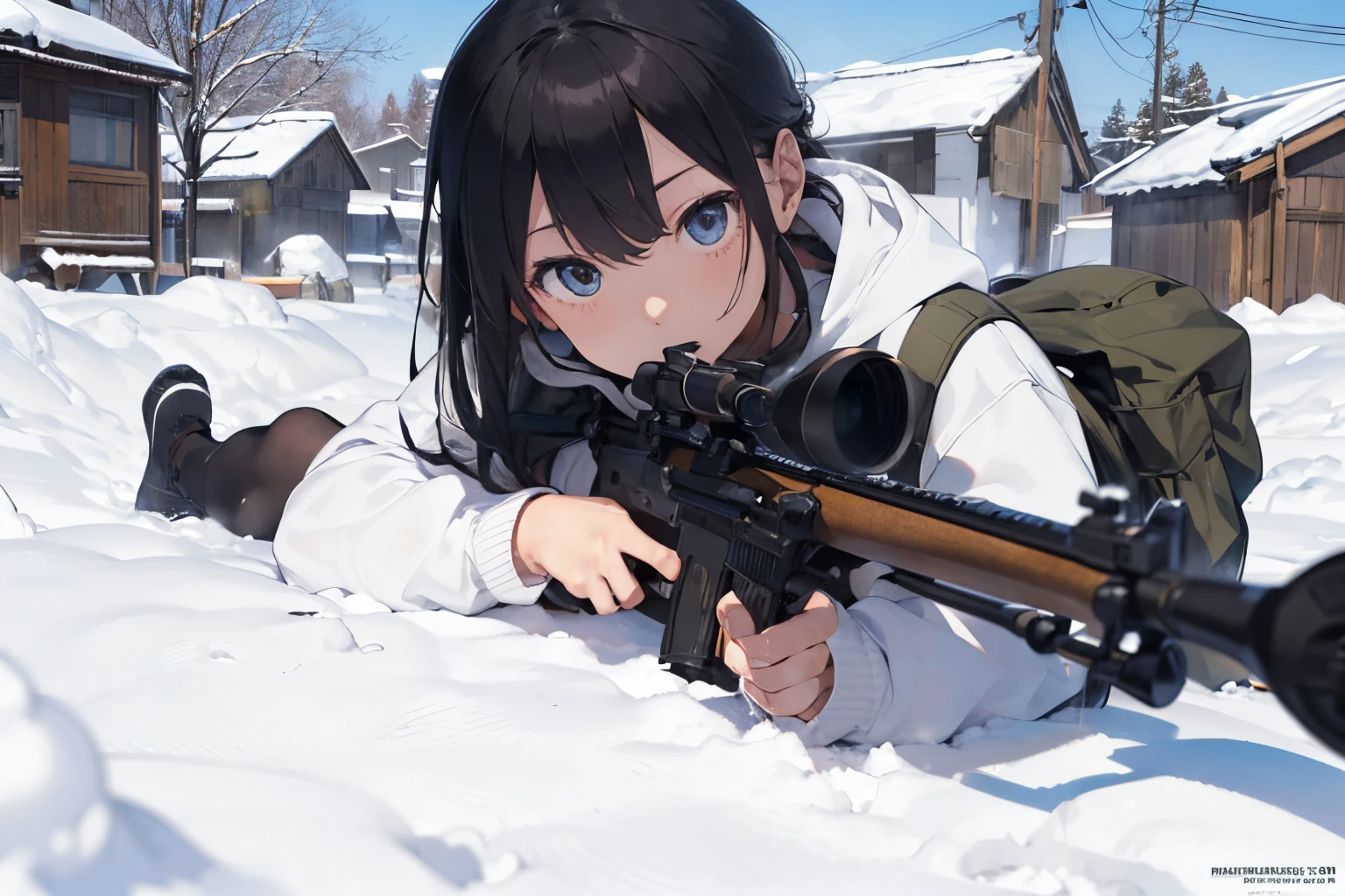 (masterpiece, best quality, high resolution, ultra detail, photorealistic, 8K, perfect anatomy, realistic), intricate face, detailed body, detailed face, white hoody with a rifle and a rifle, of a sniper girl in war, snow