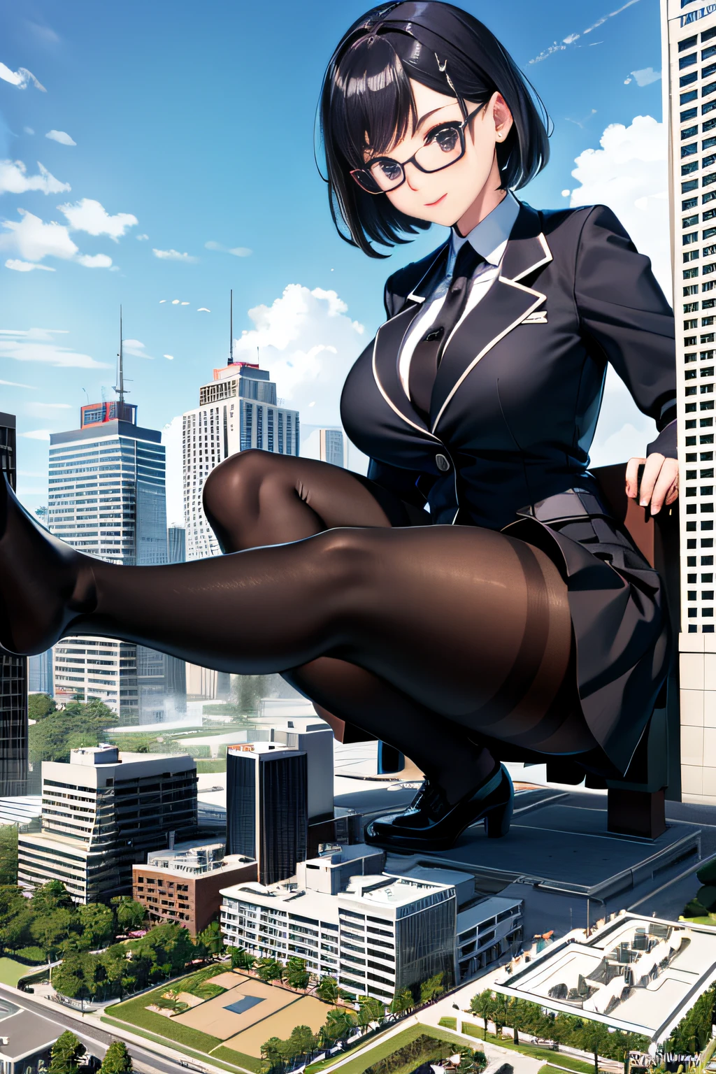 architecture, giantess art, a hyperrealistic schoolgirl, highly detailed giantess shot, der riese, Shorthair, Black pantyhose, A gigantic high school girl that exceeds a skyscraper, Wearing rimless glasses, Colossal tits, Navy blue blazer, Red tie, Mini Length Skirt, Black pantyhose, Pantyhose sole, Pantyhose Toe, hands off shoes, very small metropolis, Trying to destroy a miniature metropolis, Full body depiction, nffsw, Giga Giants, der riese, Black pantyhose, Pantyhose legs, Pantyhose sole, Stomping City, crash city, Small town, micro city,