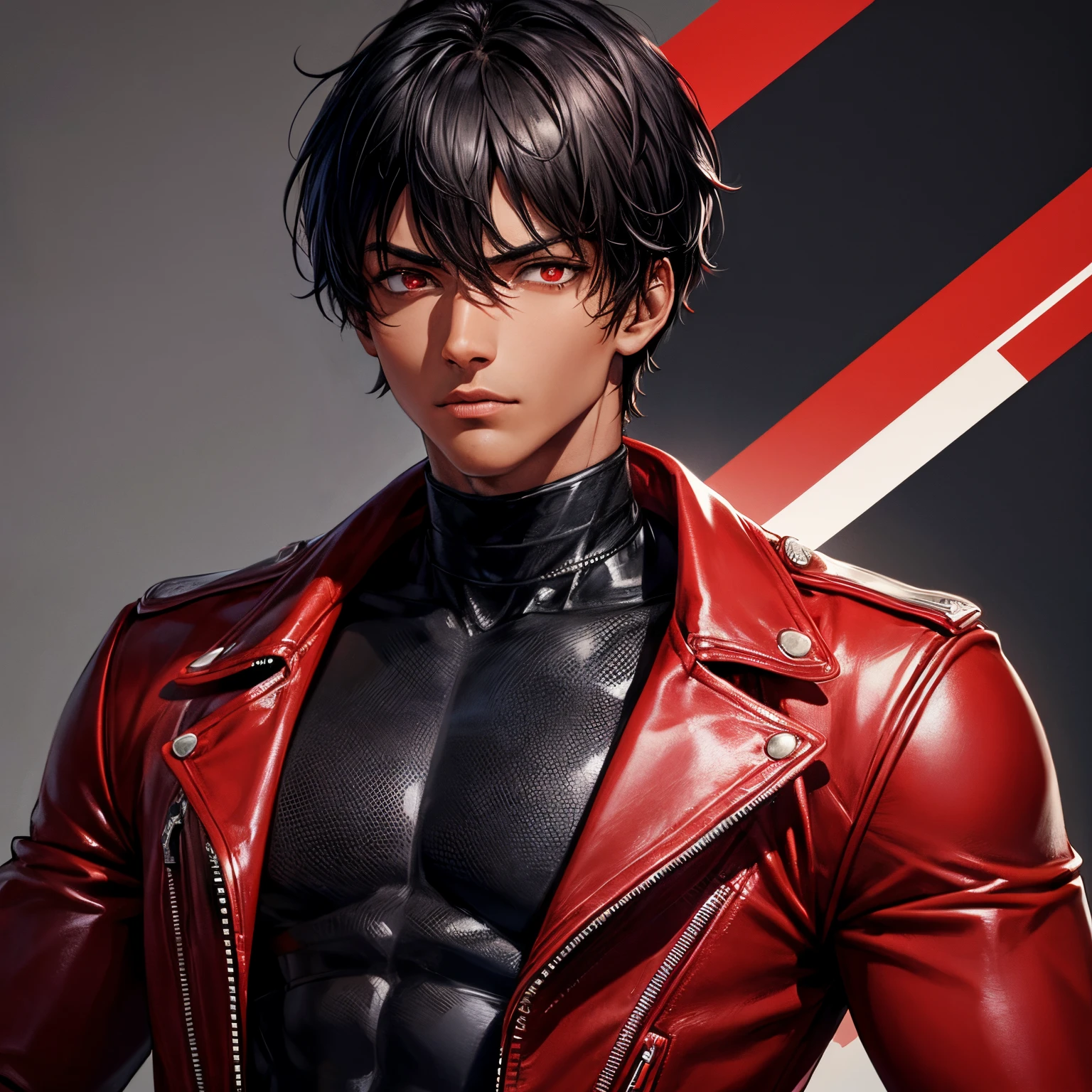 1boy, best quality, detailed face, detailed eyes, dark-skinned male, black hair, short hair, red eyes, serious, red jacket, leather jacket, black turtleneck, black jeans, muscular male, simple background