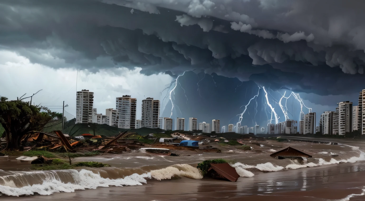 a storm destroys a city in southern Brazil, ventos fortes, chuvas intensas, apocalyptic scenery.