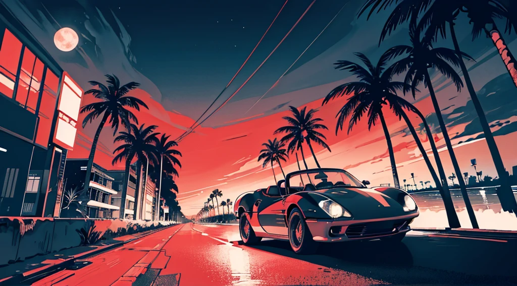 (cyberpunk road by the sea, red glowing road, starry sky, big moon, palm trees), (classic convertible car), (low contrast, flat color, limited palette)