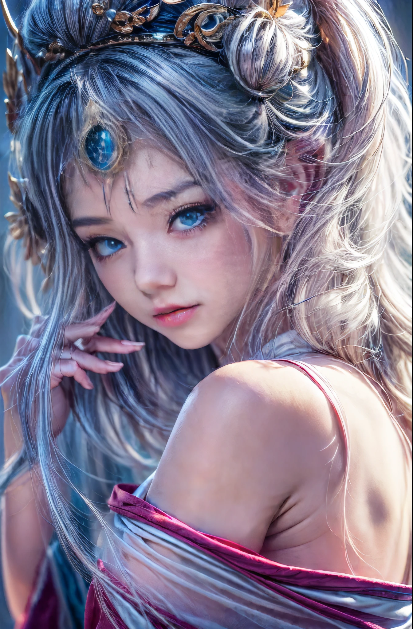 (masutepiece:1.3, Photoreal Stick:1.4, 8K), top-quality, masterpiece, 超A high resolution, Perfect dynamic composition, Professional camera work, Grow Light Effect, Mystical portrait, Cinematic Light, Highly detailed skin and facial texture:1.3, The ultra-detailliert, A detailed eye, (Deities々Feeling:1.3, myterious:1.2, Fanciful:1.2, majestueux:1.2), 1girl in, 25-years old, cute and sexy slim goddess, Fair skin, (Calm:0.9, Totally captivates you:1.0), (japanese miko costume:1.3, off shoulders), (voluptuous breasts:0.9), (Backshots), (A beautiful Blue eyes, Eyes that feel beautiful eros:0.85), (A mouthfeel that feels beautiful eros:0.85), ((Too cute beauty:0.9)), Fantastic background, Accurate hand and finger expressions