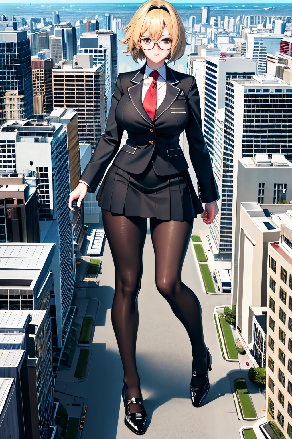 A tall 30-year-old giant crouches on a city street, Highly detailed photo of a beautiful model, Beautiful giantess crouched, sexy dominant pose, An alluring and confident smile，Realistic painting style，NSFW，Black color hair，pony tails，No bangs，Show forehead，The face of a classical Chinese beauty，wears glasses，Wear a beautiful necklace（No top）（fullbody naked）（Bare body）（Bright fair skin）（No bra）（Completely naked）（ has cleavage  ）（Protruding tits ）（tonedbody）（There are abs and pectoral muscles）（There are muscle lines）（nice breasts）（camel-toe）（Vulvar shape）（No skirt）（pantyless）（Vaginal exposure  ）（There is pubic hair）（beautifullegs）（Wear 18cm high pointed toe black high heels）Background city bustling streets