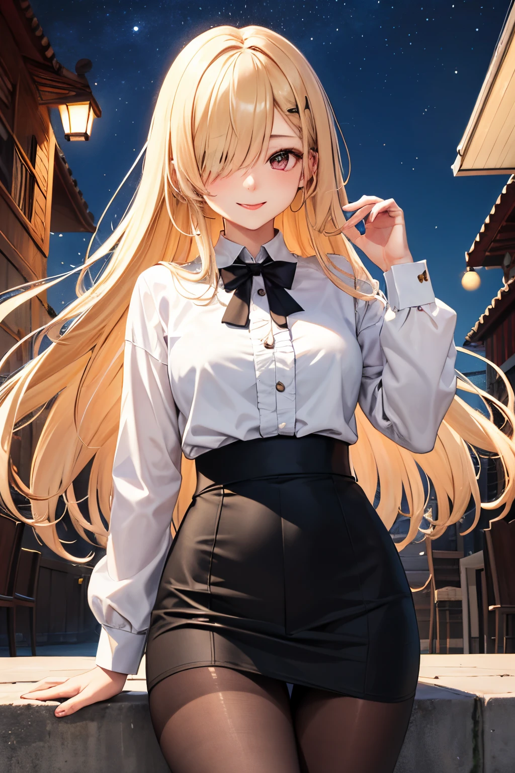 masutepiece, Best Quality, absurderes, Looking at Viewer, Solo, Rita Rothweisse (A Summer Night's Dream), Rita Rothweisse, Shirt, pantyhose, Red Rose, Red Eyes, Blonde hair, Long sleeves, Mole under the eyes, Hair over one eye, frill shirt, White shirt, Seductive smile, (ulzzang-6500:0.8), Long hair, day, Outdoors - Black pantyhose
