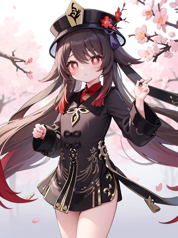 2d, masterpiece, best quality, anime, highly detailed eyes, highly detailed face, highly detailed background, perfect lighting, cowboy shot, feet out of frame, 1girl, solo, standing, hu tao \(genshin impact\), symbol-shaped pupils, flower-shaped pupils, hat, red flower, red eyes, cherry blossoms ,