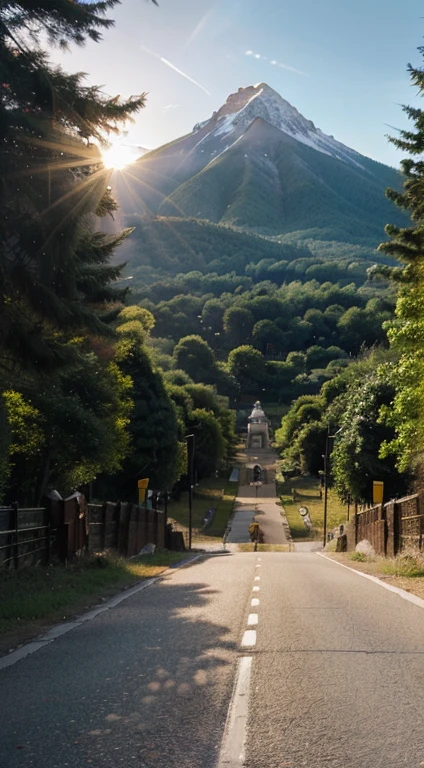 A tall seated Buddha statue in the distance, with sunlight shining on the mountain, towering trees, and pilgrims on the road. The composition is beautiful, with masterpieces, details, and high definition