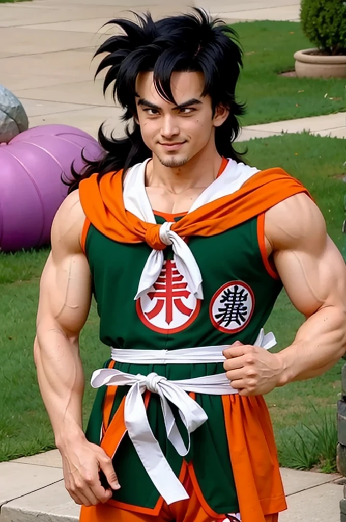 (8k, best quality, masterpiece:1.2),yamcha, male focus, 1boy, black hair, solo, smile, muscular male, spiked hair, black eyes,long hair, bangs, (green tunic), orange pants, (white sash),ribbon, outdoors, (purple armguards), orange neckerchief, looking at viewer, day, tree, blue sky, grass, rock, kanji,sidelocks,sleeveless