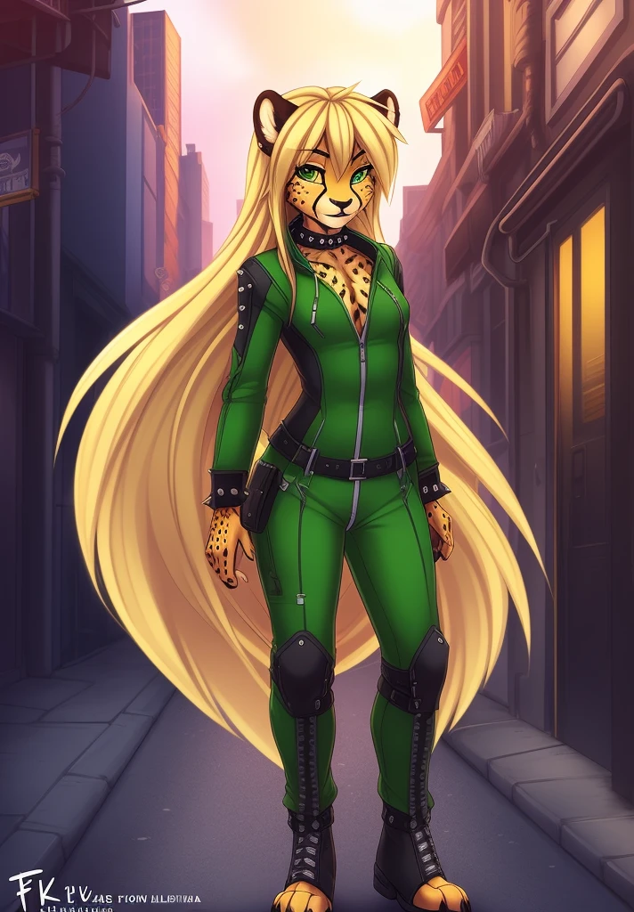 fluff-kevlar, by fluff-kevlar, anthro, ((cheetah)), female, ((1woman)), ((small breasts)), ((long hair)), ((blonde hair)), city scene, on e621, choker spiked collar, detailed body, finely detailed eyes, finely detailed paws, punk style, female focus, (hair detailed correctly), Mihari, ((OD green flight suit)), cheetah tail, ((fully dressed)), solo