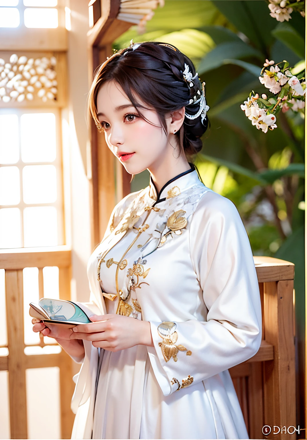 Asian woman in arafe wearing white dress holding a book, in a neat white dress, traditional medieval clothing, european medieval clothing, White dress clothes, Wearing a white dress, european medieval clothing, European medieval style, queen of europe, palatial palace , queen girl, traditional european costume, Wearing ancient European clothes, traditional clothes, Japan Girl, Japan Women, british middle ages, Traditional clothing