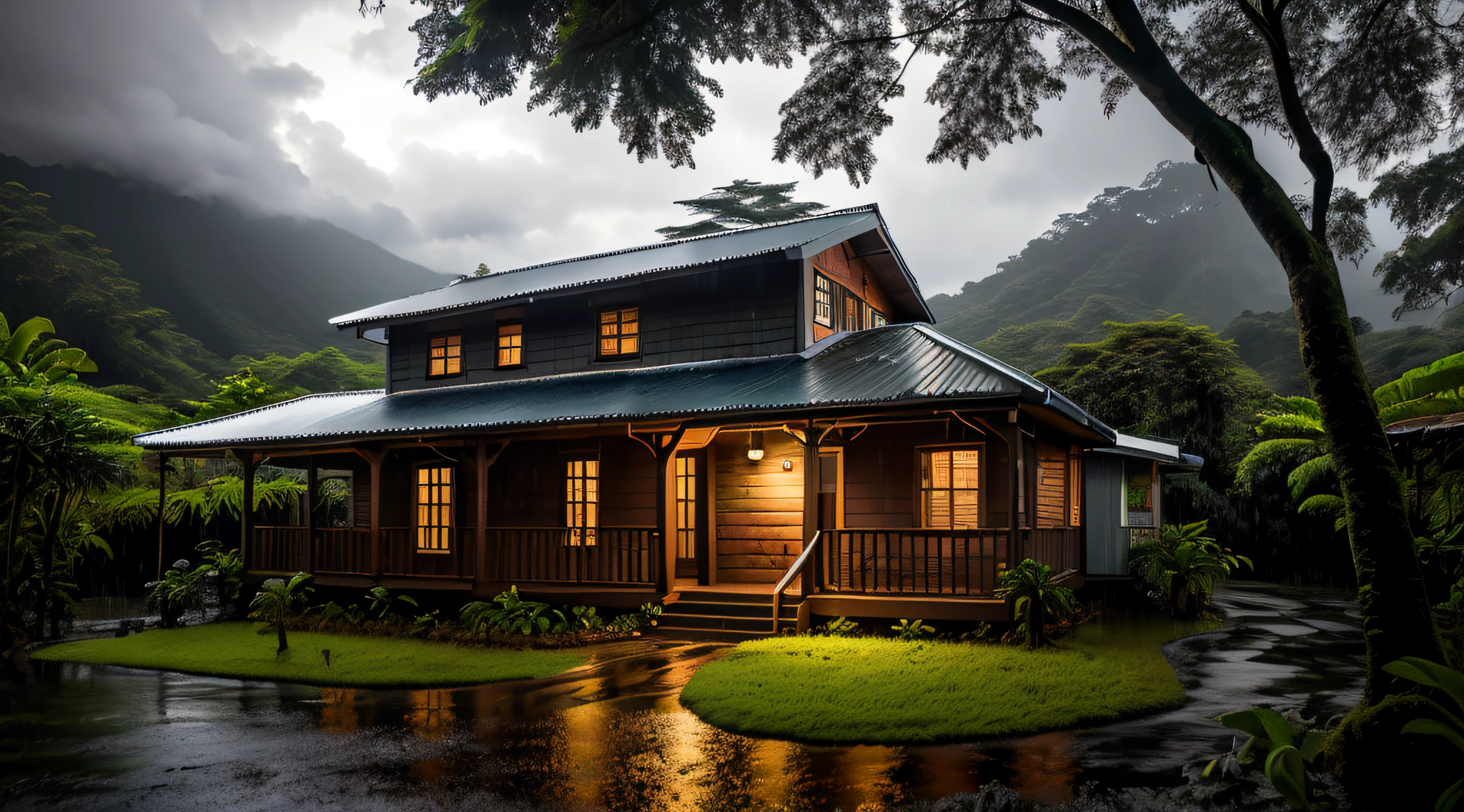 Vintage wooden house, lush small house, beautiful house, night, lights on, Costa Rica green rainforest, Heavy rain falling on the roof, Emphasizing the contrast between the natural environment and the rainwater flowing from the roof, dark scene after the rain, landscape wet, dark clouds, nature photography, Portrait with macro lens (Nikon AF -S VR Mini Nikkor 105mm f/ 2.8G IF) When aperture is f/5.6