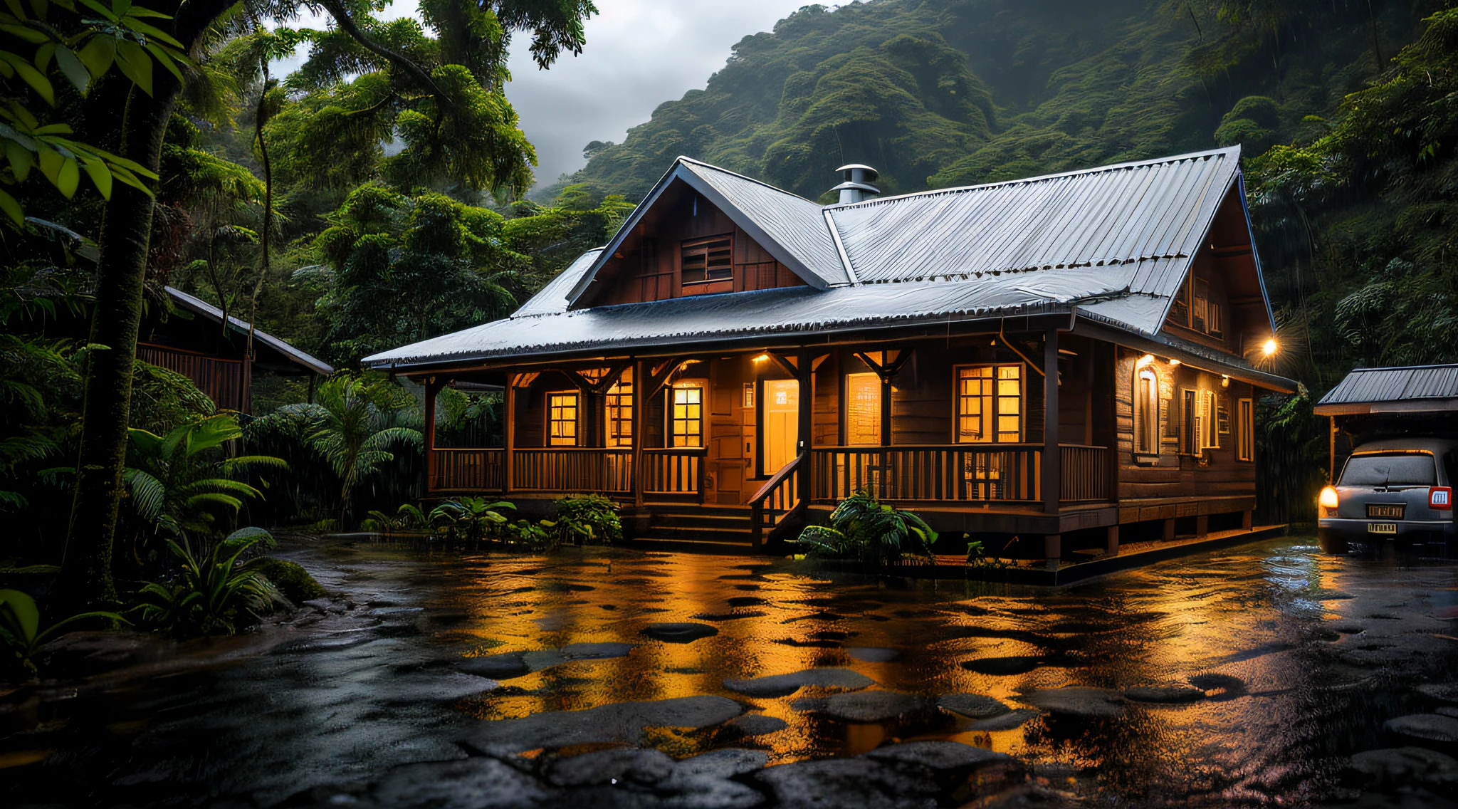 Vintage wooden house, lush small house, beautiful house, night, lights on, Costa Rica green rainforest, Heavy rain falling on the roof, Emphasizing the contrast between the natural environment and the rainwater flowing from the roof, dark scene after the rain, landscape wet, dark clouds, nature photography, Portrait with macro lens (Nikon AF -S VR Mini Nikkor 105mm f/ 2.8G IF) When aperture is f/5.6