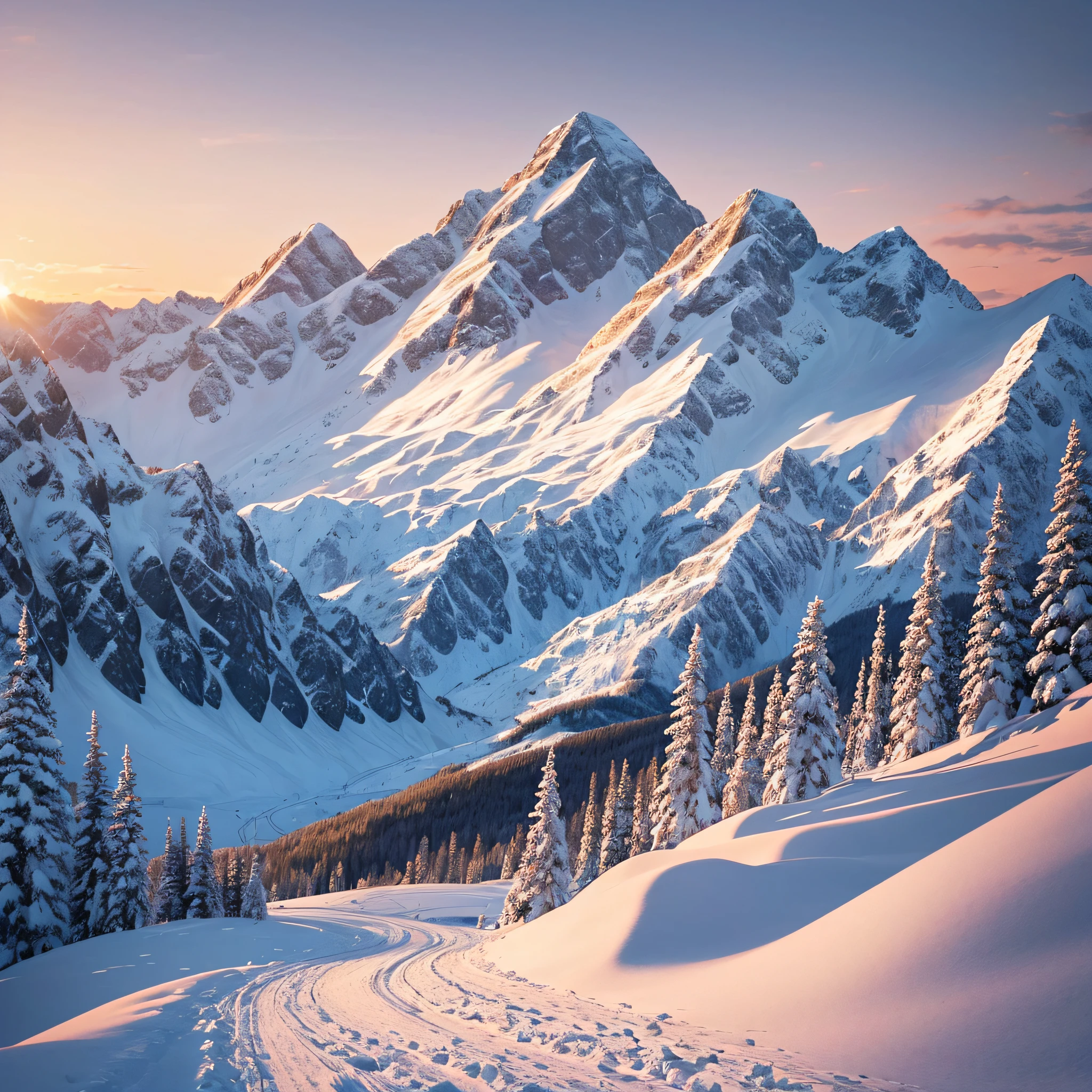 a beautiful mountain range covered in snow at sunset from a distance with a long winding path leading to the top super detailed super realistic