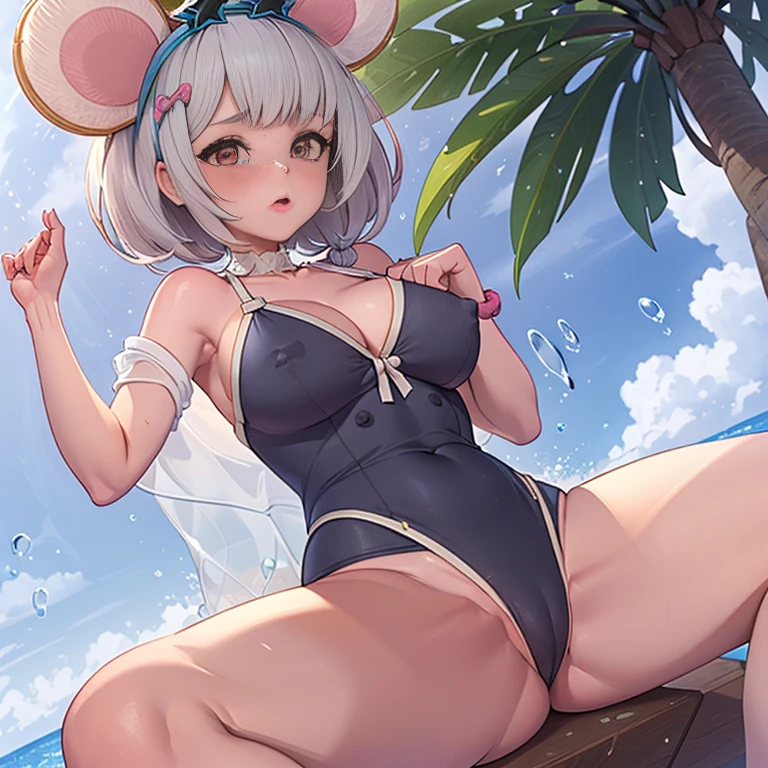 1 girl,Lori,Petite,huge-breasted,pointed breast,cleavage,underboob,sideboob barbosa,(blush),((embarrassed)),Wet,all-fours,Open legs,(((Clothes lift))),(((see through)))Erect nipples(((white))),(((White School Swimsuit))),