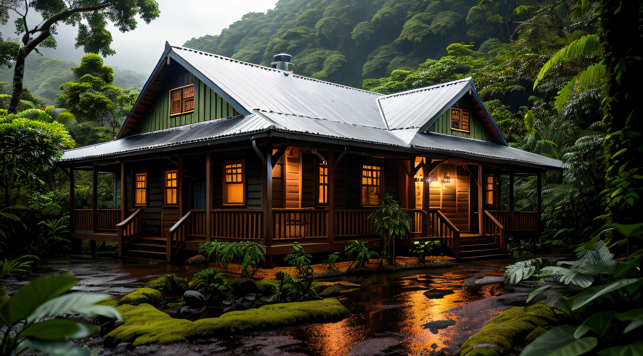 Vintage wooden house, lush small house, beautiful house, night, lights on, Costa Rica green rainforest, Heavy rain falling on the roof, Emphasizing the contrast between the natural environment and the rainwater flowing from the roof, dark scene after the rain, landscape wet, dark clouds, nature photography, Portrait with macro lens (Nikon AF -S VR Mini Nikkor 105mm f/ 2.8G IF) When aperture is f/5.6