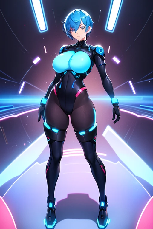 1girl, breasts, large breasts, blue hair, very short hair, pixie cut, bodysuit, black bodysuit, blue trim, science-fiction, futuristic, tech, neon trim, neon, smile, full body, ((full body)), pantyhose