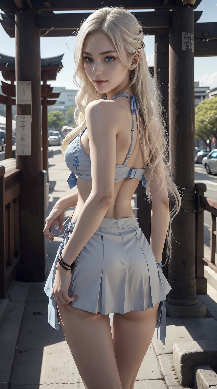 25-year-old Caucasian woman、Hair color is a gradation color from platinum blonde to blue.、Eye color is blue、Semi-long、hair is wavy、I'm wearing eyeshadow and lipstick、wearing a hair band、accessories on wrist、Slender but well-proportioned muscular body、The navel is visible、wearing a certain tie-front shirt、Chest Pochi、She's wearing a low-rise mini pleated skirt.、I am in a place where many torii gates are lined up.、Looking back here、a smile、Looking at the camera