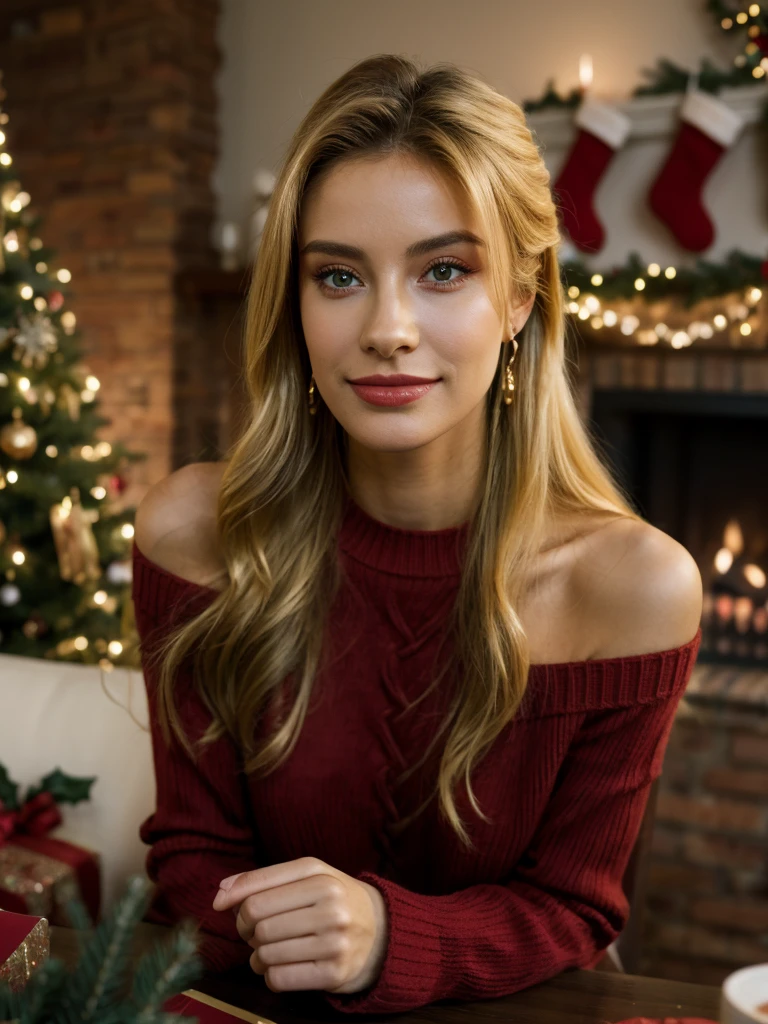 1girl, jewelry, blonde hair, red sweater, solo, looking at viewer, sweater, long hair, earrings, christmas tree, gift, own hands together, indoors, blurry, blurry background, sitting, realistic, christmas, table, box,gift box, off-shoulder sweater, bare shoulders, off shoulder, chair,  shoulder cutout, christmas ornaments, fireplace, long sleeves, cup，smile