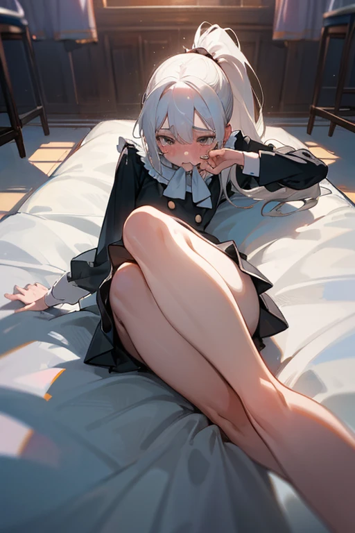 View toward the bottom of the group！！！！！，((Best quality at best)), ((tmasterpiece)), (Detailed pubic hair), s the perfect face，spread thighs！！！！！！！！！！！！！，White hair，High ponytail，Anime shoujo，Lie down in bed，The face is red，Expose the bottom of your skirt to the audience，Showing the bottom of your skirt to the audience！！！！！！，White liquid leaks from the bottom of skirt！！！！！！！，Drooling from the mouth，streaming tears，Showing the bottom of your skirt to the audience，White liquid leaks from the bottom of skirt，Lie down in bed，Be red in the face，Drooling from mouth，streaming tears，Hands are tied，bare-legged，spread thighs！！！！！！！！！，View toward the bottom of the group