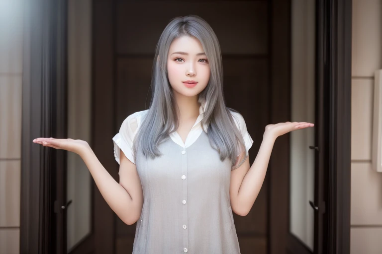 (8K, Photorealistic, Raw photo, of the highest quality: 1.3), (1girl in), Super beautiful, (Realistic face), (boyish, Silver Color Berry Shorthair), Beautiful , Glare that captivates the viewer, Beautiful expression, Beautiful breasts, (Realistic skin), Be...