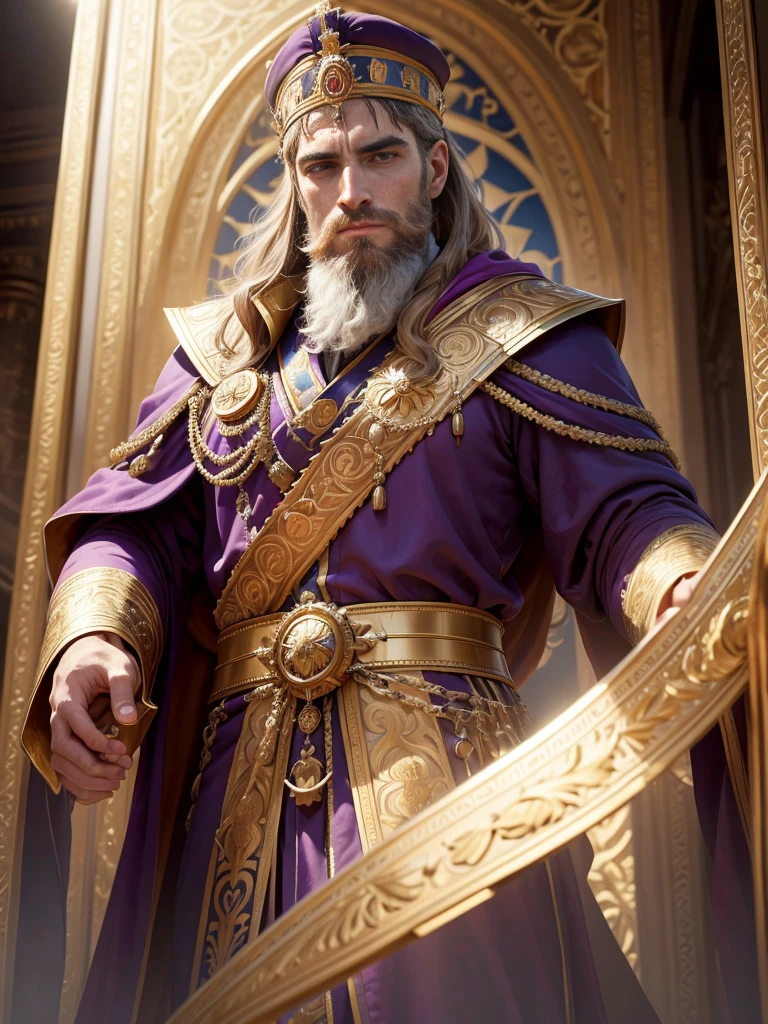 (best quality,4k,8k,highres,masterpiece:1.2),ultra-detailed,(realistic,photorealistic,photo-realistic:1.37),portrait,Constantine the Great,A magnificent portrait of Emperor Constantine,medium:oil painting,vivid colors,stately,elegant,royal,imposing,commanding presence,jewel-encrusted crown,historical accuracy,muscular build,strong jawline,piercing eyes,historical accuracy,detailed beard,full lips,thin facial features,determined expression,purple velvet robe,golden embroidery,epic background,powerful aura,golden light,halo effect,impressive size and scale,gleaming armor,guardian soldiers,mosaic floor,HDR,studio lighting