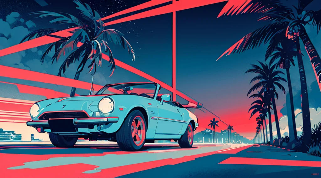 (cyberpunk road by the sea, red glowing road, starry sky, big moon, palm trees), (classic convertible car), (low contrast, flat color, limited palette)