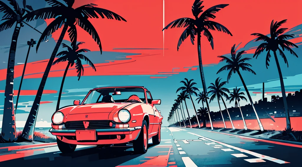 (cyberpunk road by the sea, red glowing road, starry sky, big moon, palm trees), (classic convertible car), (low contrast, flat color, limited palette)