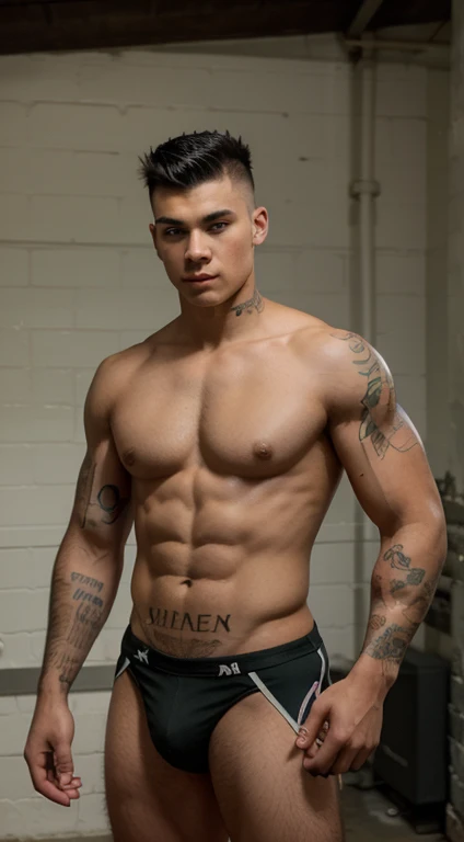 American young man, , black hair mohawk cut , green eyes ,affiliated features, height 1.93, weight 88 kg, muscular build, broad shoulders, v-shaped body, totally hairless, lacrosse player, tattoos of tiger, enfoque de cuerpo entero