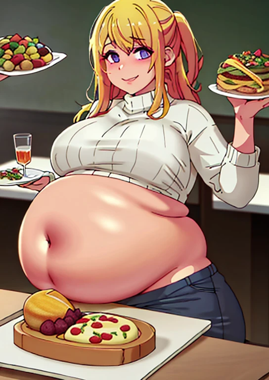 fat, large belly, big belly, very fat, large stomach, chubby (best quality, masterpiece), fat belly, at, large belly, standing, grabbing belly, very fat, large stomach, chubby (best quality, masterpiece), thanksgiving, wearing sweater, grabbing belly, sitting down, table with of food, table tons of food, lots of food, holding belly, table with food, blonde hair