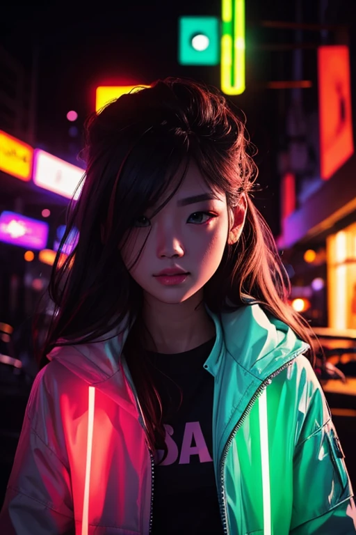fashion portrait color photograph, woman, neon lights, lights on face