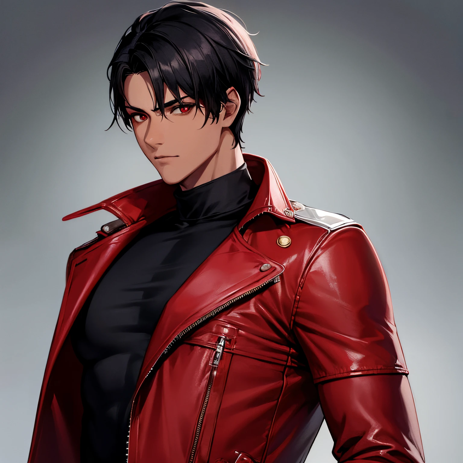 1boy, best quality, detailed face, detailed eyes, (dark-skinned male:1.1), black hair, short hair, red eyes, serious, red jacket, leather jacket, black turtleneck, black jeans, muscular male, simple background