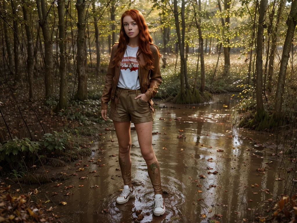 Draw a red-haired girl wearing ALL Star sneakers, standing amidst the mud and fallen leaves in a forest. Capture the essence of tranquility on her face, and accentuate details like the texture of the muddy ground. Add a hint of sunlight filtering through the trees for a warm, atmospheric touch.