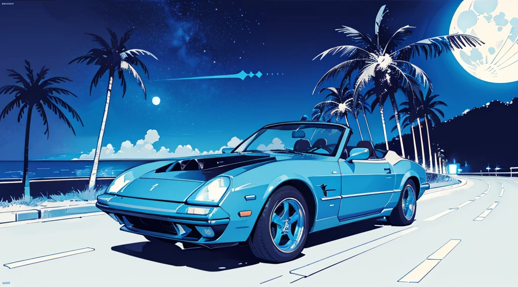 (cyberpunk road by the sea, blue glowing road, starry sky, big moon, palm trees), (classic convertible car), (low contrast, flat color, limited palette)