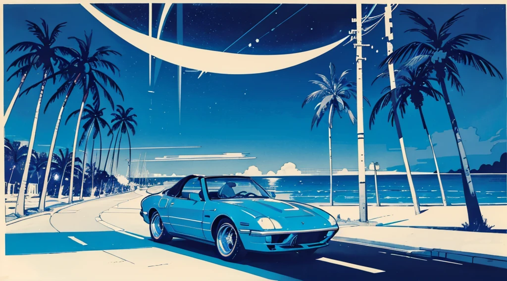 (cyberpunk road by the sea, blue glowing road, starry sky, big moon, palm trees), (classic convertible car), (low contrast, flat color, limited palette)