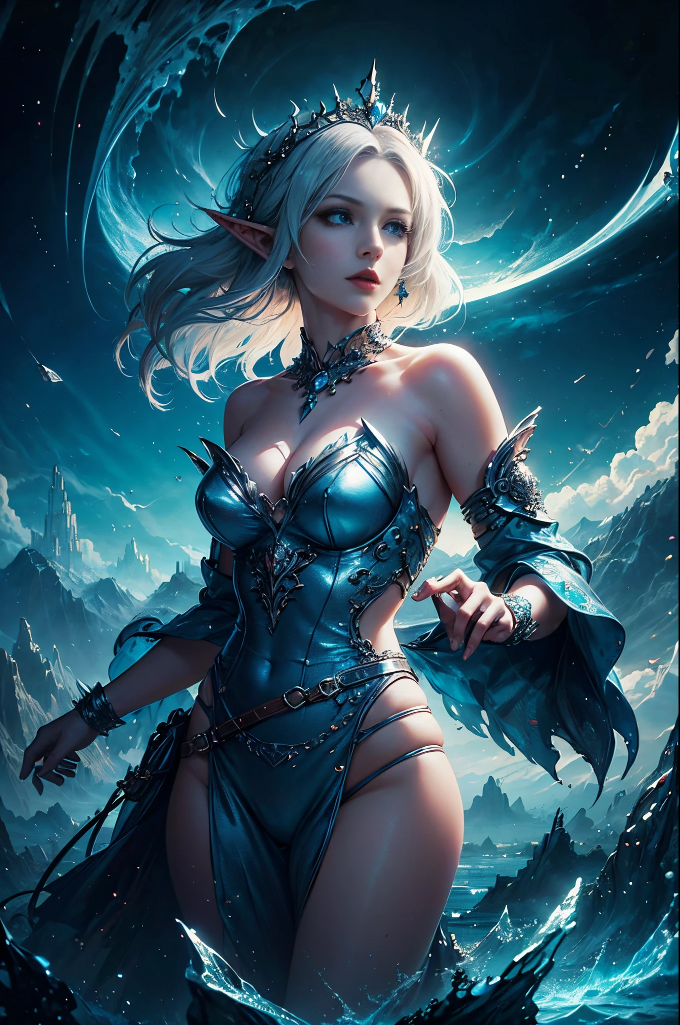Anime girl with blue eyes and white hair in a blue dress, Fantasy Art Style, beautiful and elegant elf queen, 8k high quality detailed art, beautiful fantasy art, detailed fantasy digital art, beautiful digital works of art, epic fantasy art style hd, detailed fantasy art, Detailed Digital Anime Art, digital fantasy art ), epic exquisite character art, 4K highly detailed digital art, Masterpiece, Perfect Angle, perfect-composition, perfect supermodel body, extremely detailed and beautiful eyes