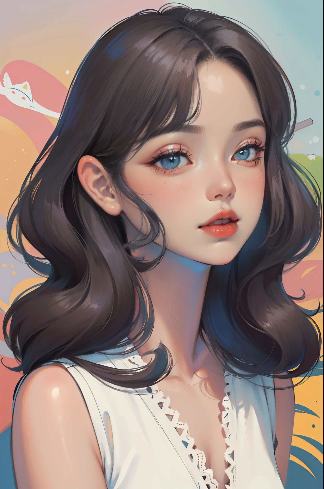 (Best quality,4K,8K,A high resolution,tmasterpiece:1.2),ultra - detailed,anime portrait,retro doodle,catss,shoulder,Lace,comic line art,low-saturation,pastelcolor,vintagestyle,stylized lighting