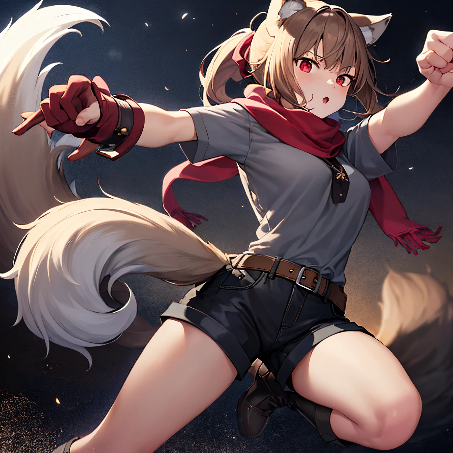 (masterpiece,best quality), 1girl, animal ears, wolf ears, tail, wolf tail, red eyes, wolf girl, brown hair, long hair, large ponytail, hair bangs, hair over shoulders, one brown eye and one silver eye, dark gray scarf, gray short sleeve shirt with white trims, dark gray tight shorts, grey heeled knee length boots, ((2D Anime Style))), fighting stance