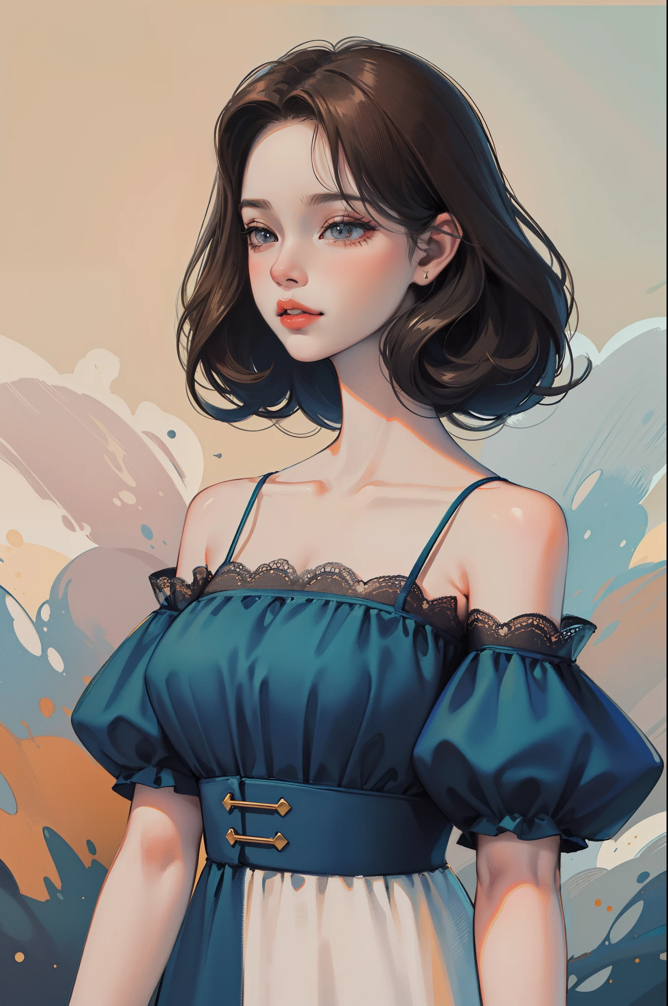 (Best quality,4K,8K,A high resolution,tmasterpiece:1.2),ultra - detailed,anime portrait,retro doodle,catss,shoulder,Lace,comic line art,low-saturation,pastelcolor,vintagestyle,stylized lighting