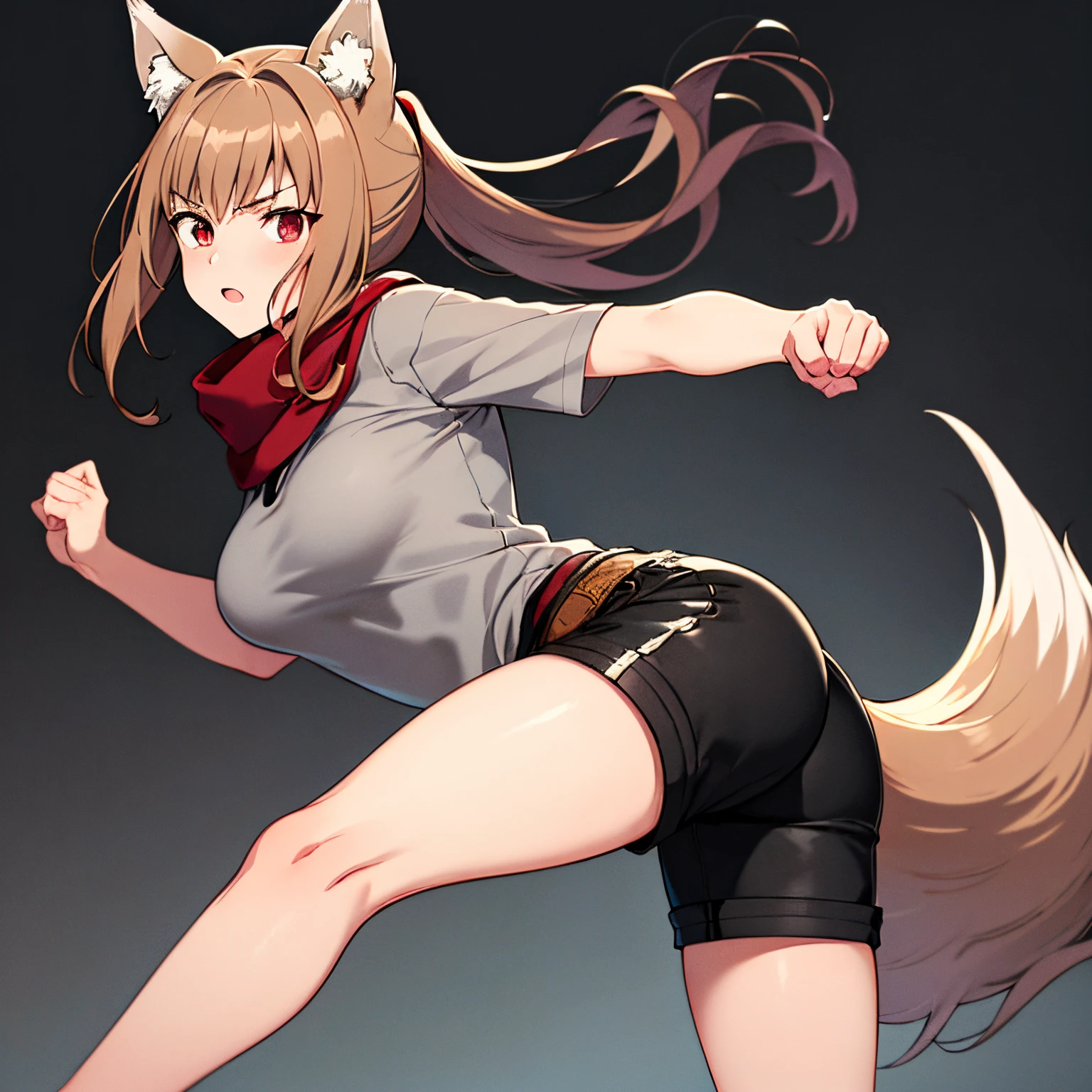 (masterpiece,best quality), 1girl, animal ears, wolf ears, tail, wolf tail, red eyes, wolf girl, brown hair, long hair, large ponytail, hair bangs, hair over shoulders, one brown eye and one silver eye, dark gray scarf, gray short sleeve shirt with white trims, dark gray tight shorts, grey heeled knee length boots, ((2D Anime Style))), fighting stance