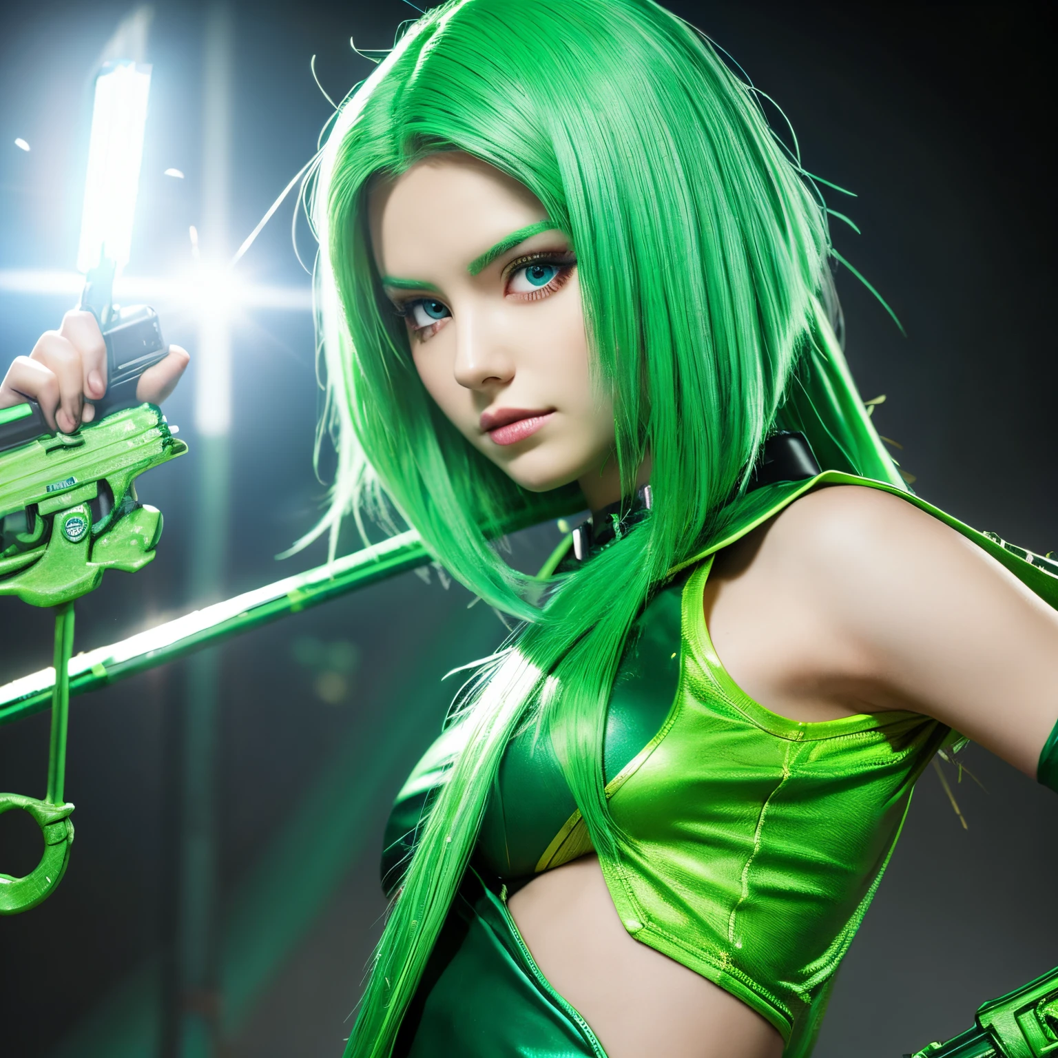 young green hair girl weapon cool