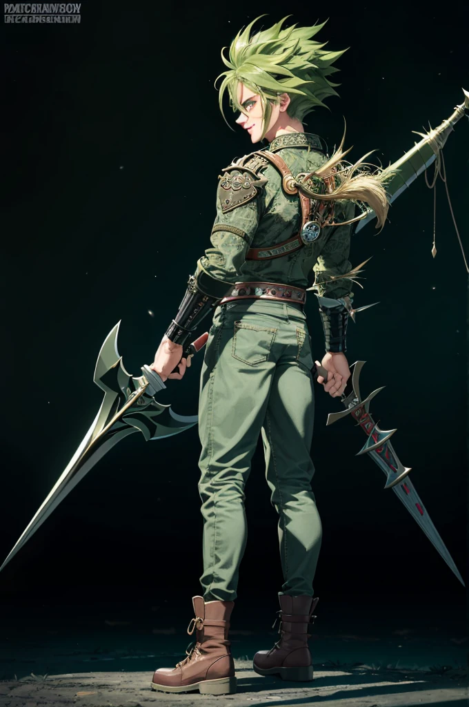 masterpiece, best quality, Highly detailed, ((1man)), (adult),  green eyebrows, green hair, sting_eucliffe, {{very long raised spiked hair}}, combat  boots, expressive green eyes, perfect face, smile, {{massive body builder body}}, {tall}, (wears leather green jacket and jeans), gigantic battle spear hammer axe, ((full body)), {{{{back view}}}}