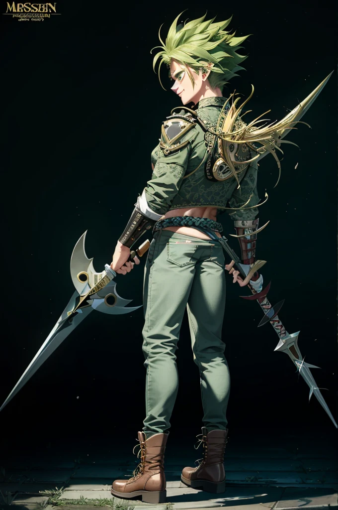 masterpiece, best quality, Highly detailed, ((1man)), (adult),  green eyebrows, green hair, sting_eucliffe, {{very long raised spiked hair}}, combat  boots, expressive green eyes, perfect face, smile, {{massive body builder body}}, {tall}, (wears leather green jacket and jeans), gigantic battle spear hammer axe, ((full body)), {{{{back view}}}}